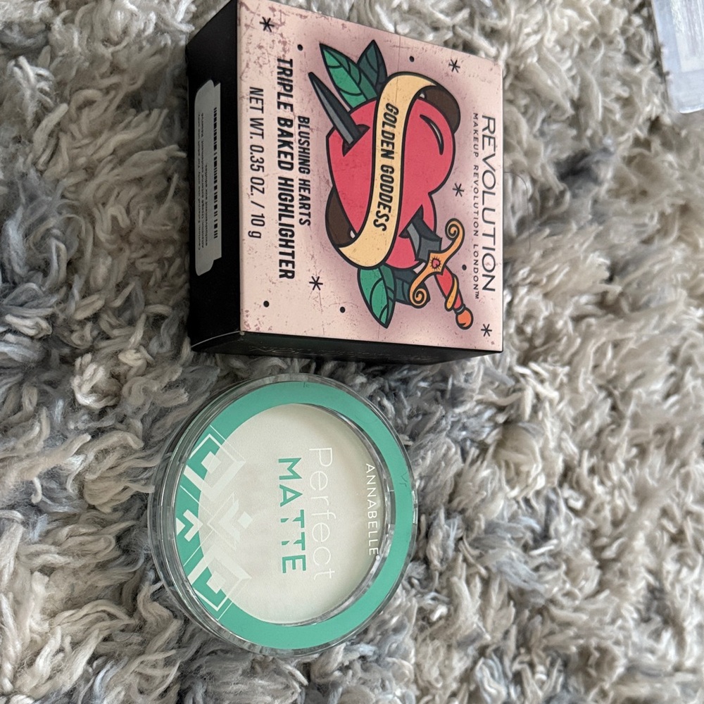 Revolution Blushing Hearts Triple Baked Highlighter and Annabelle perfect matte